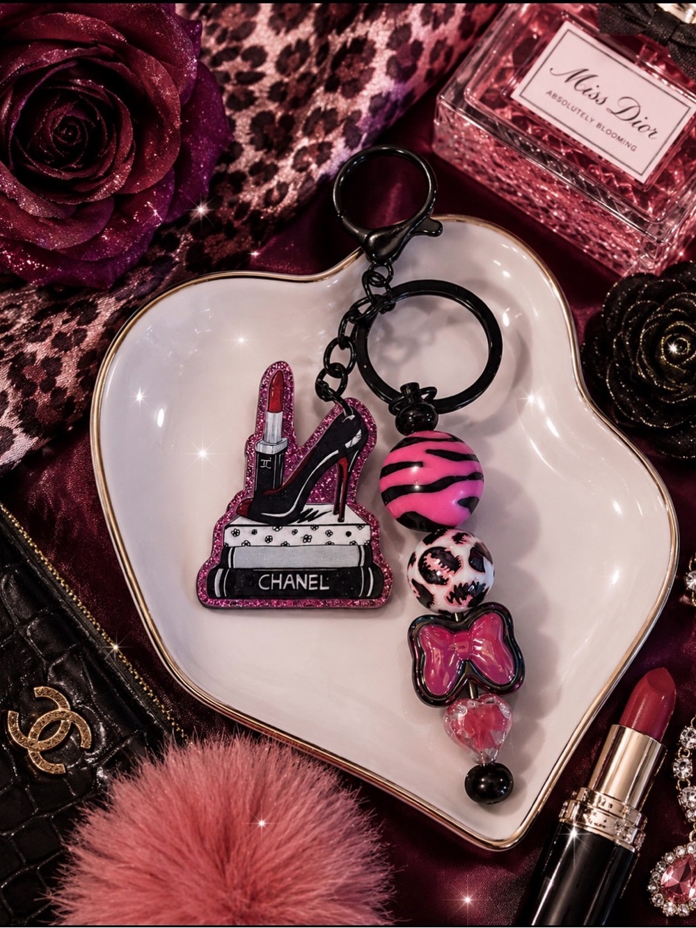 Hand Crafted Pink and Black Inspired Keychain with Charms